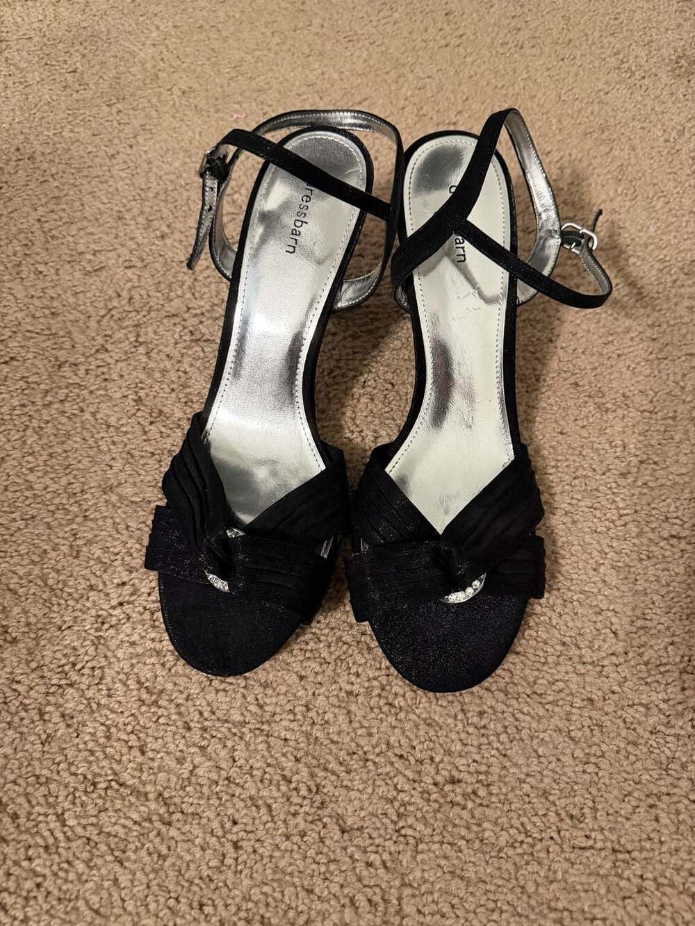 Dressbarn Black Satin Ankle Strap Heels with Rhinestone wedding guest 9